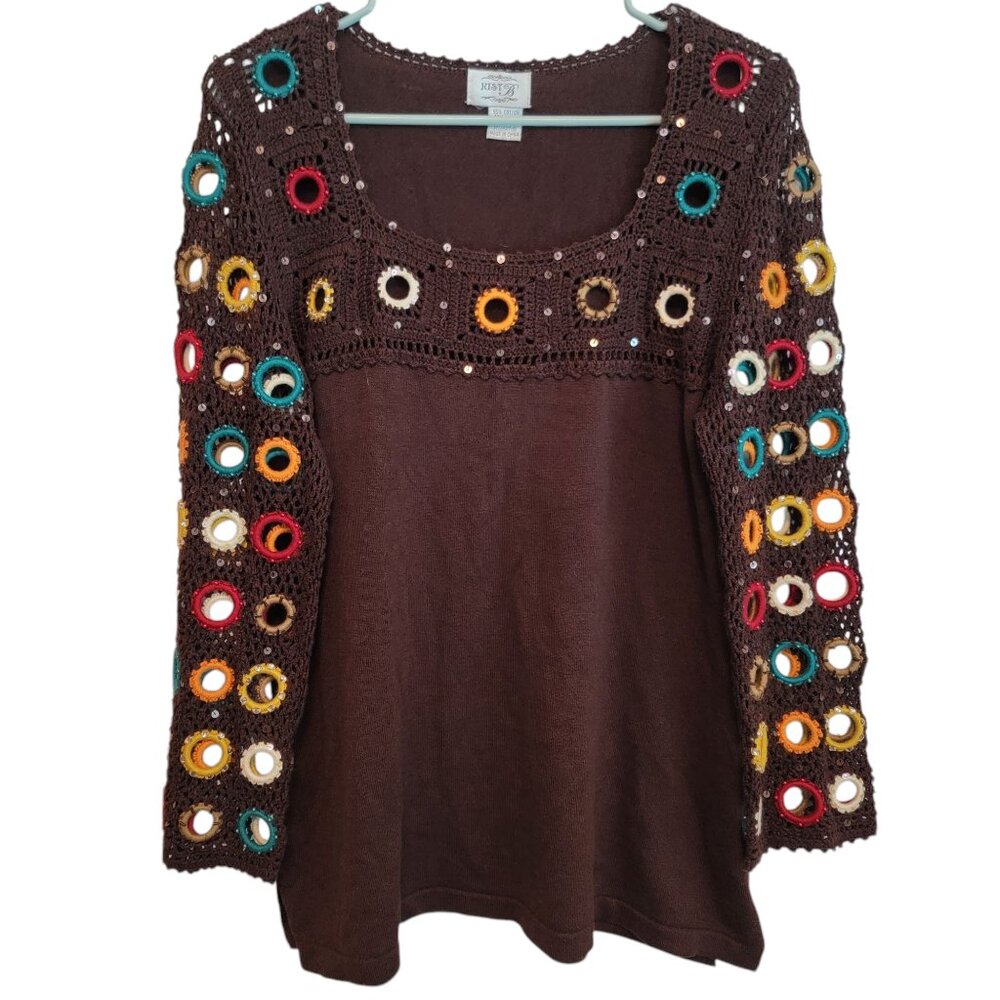 VTG Just B Womens Sz XL Brown Multicolor Crochet Ring Top Y2K Whimsical Artsy